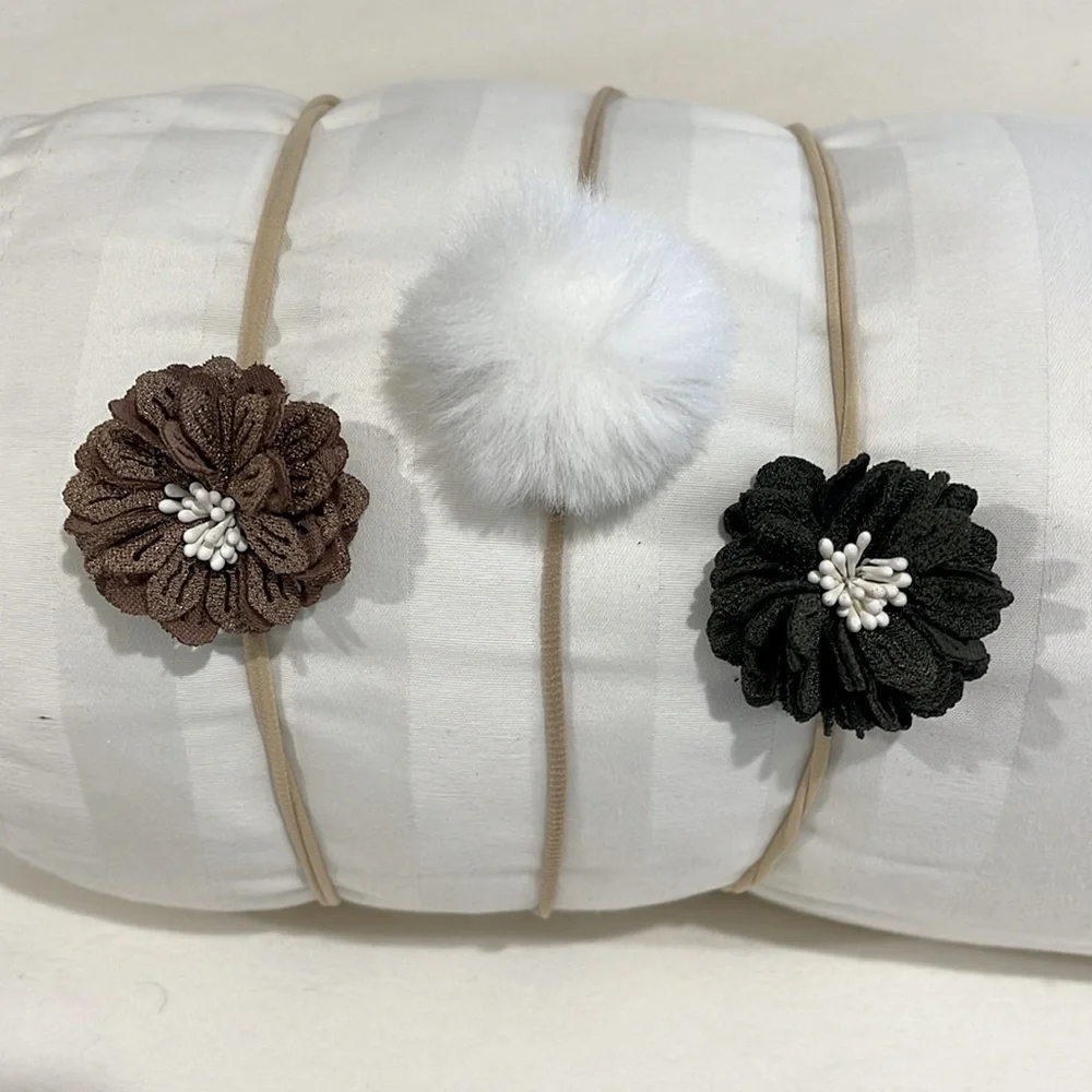 SET OF 3 NEUTRAL TONE FLOWERS AND WHITE FAUX FUR PUFF HEADBANDS